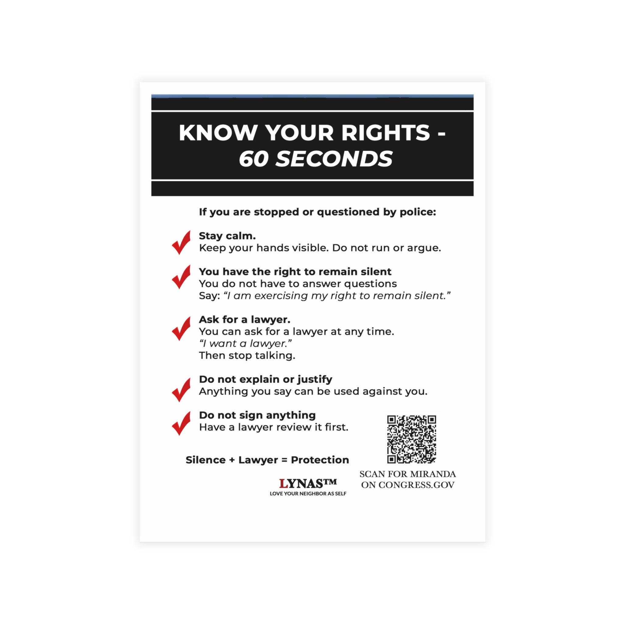 Know Your Rights Cards (4.62" x 6.25") – 60-Second Legal Guide